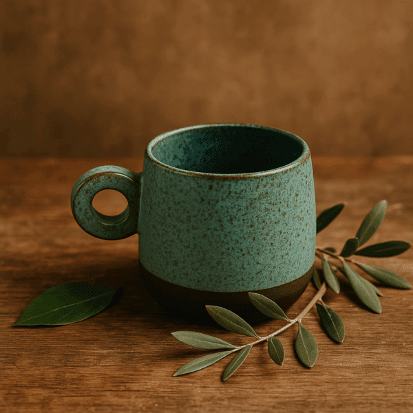 Χειροποίητη κεραμική κούπα με γαλαζοπράσινη υάλωση και κυκλικό χερούλι