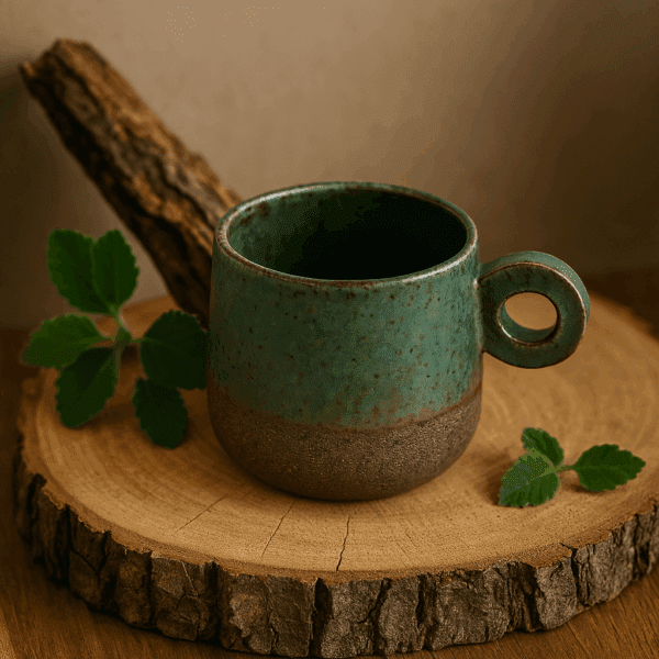 Χειροποίητη κεραμική κούπα με κυκλικό χερούλι και πράσινο μπλε χρώμα