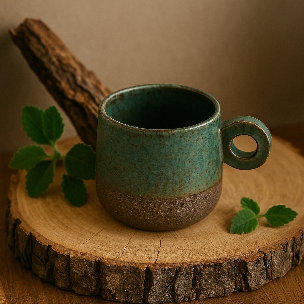 Χειροποίητη κεραμική κούπα με κυκλικό χερούλι και πράσινο μπλε χρώμα