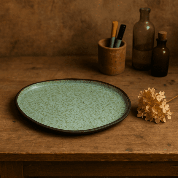 Χειροποίητο κεραμικό πιάτο ακανόνιστου σχήματος με πράσινη υάλωση – Μέντα, σε 3 μεγέθη
