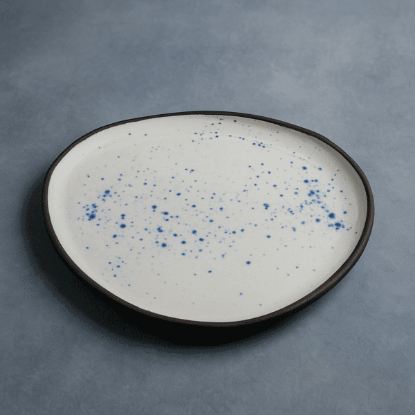Χειροποίητο κεραμικό πιάτο ακανόνιστο με λευκή υάλωση και μπλε πιτσιλιές – Αιγαίο, σε 3 διαστάσεις