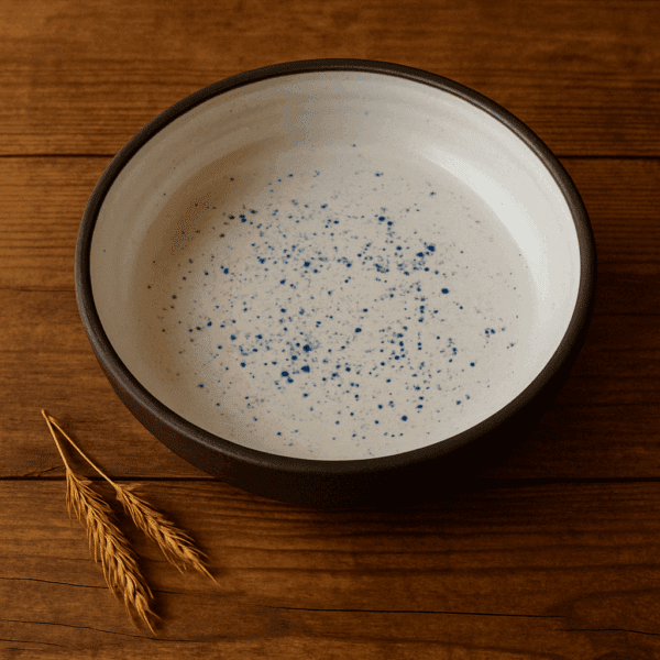 Χειροποίητο κεραμικό πιάτο γαβάθα με λευκή υάλωση και μπλε πιτσιλιές – Αιγαίο, διαστάσεις 14, 17 και 20 εκ.