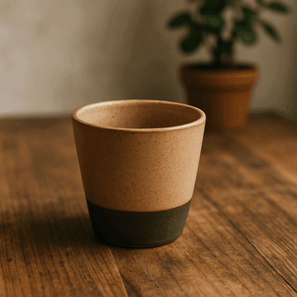 Χειροποίητο κεραμικό ποτήρι Ήλιος με ώχρα υάλωση και σκούρα βάση, τοποθετημένο σε ξύλινη επιφάνεια