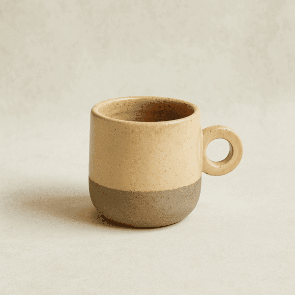 Χειροποίητη κεραμική κούπα με κυκλικό χερούλι σε γήινο χρώμα