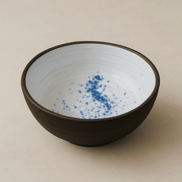 Χειροποίητο κεραμικό μπολ με λευκή υάλωση και μπλε πιτσιλιές – Αιγαίο, διαστάσεις 12,5 και 14,5 εκ.