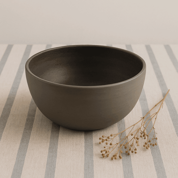 Χειροποίητο κεραμικό μπολ σε ματ μαύρο πηλό, με φυσικό φως και φόντο υφασμάτινης επιφάνειας με ρίγες