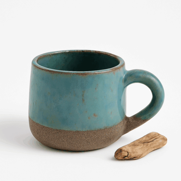 Μικρό χειροποίητο κεραμικό φλιτζάνι με χερούλι σε μπλε-πράσινες αποχρώσεις, πάνω σε λευκό φόντο με ξύλινο διακοσμητικό στοιχείο.