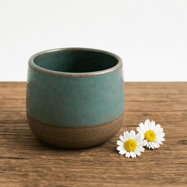 Μικρό χειροποίητο κεραμικό φλιτζάνι χωρίς χερούλι σε μπλε-πράσινες αποχρώσεις με φυσική βάση, τοποθετημένο σε λευκό φόντο δίπλα σε ξύλο θαλάσσης.