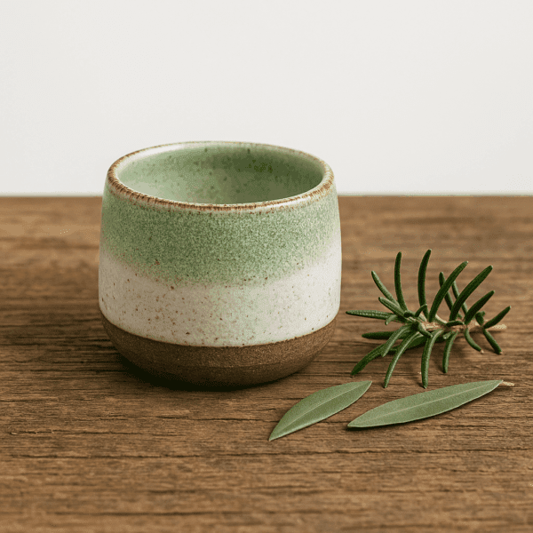 Χειροποίητο κεραμικό φλιτζάνι χωρίς χερούλι σε πράσινους και φυσικούς τόνους, με φόντο ξύλο και συνοδευτικά φύλλα δεντρολίβανου και ελιάς.