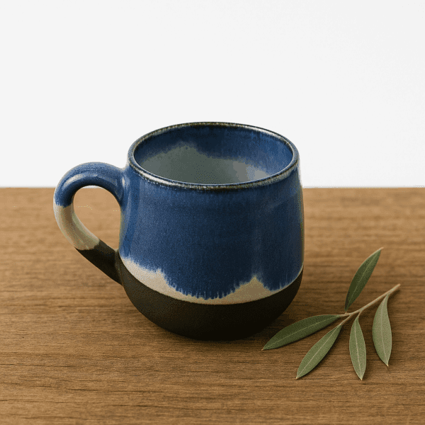 Χειροποίητο κεραμικό φλιτζάνι με χερούλι σε μπλε και λευκές αποχρώσεις, πάνω σε ξύλινη επιφάνεια με φύλλα ελιάς.