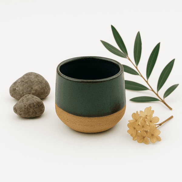 κεραμικό φλιτζάνι χωρίς χερούλι με μπλε χρώμα και φυσική ματ βάση – προϊόν με φύλλα, πέτρες και λουλούδι σε λευκό φόντο