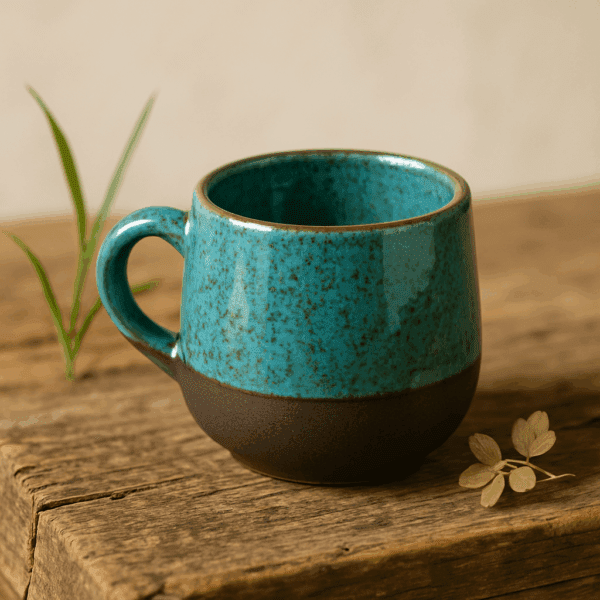 Μικρό κεραμικό φλιτζάνι με χερούλι σε πράσινο-μέντα χρώμα και καφέ βάση, πάνω σε ξύλινη επιφάνεια με διακριτικά φυτά στο φόντο.