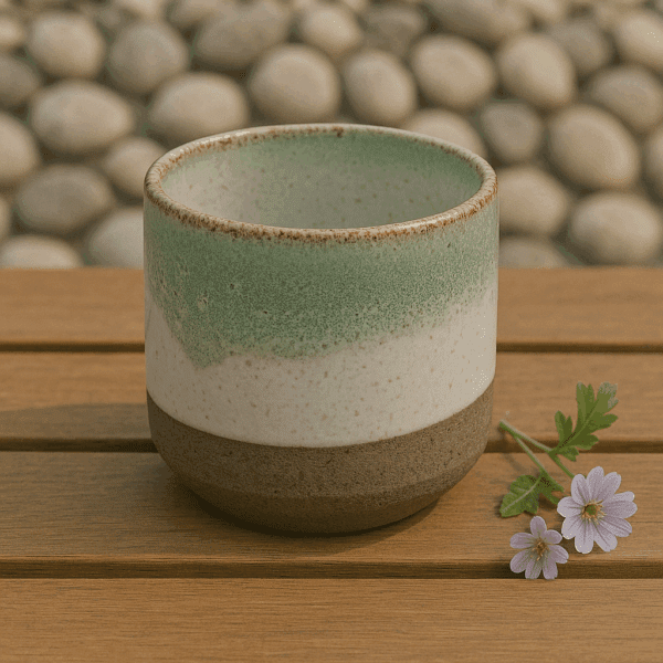 Χειροποίητο κεραμικό ποτήρι Ιόνιο με πράσινη υάλωση και φυσικό φόντο