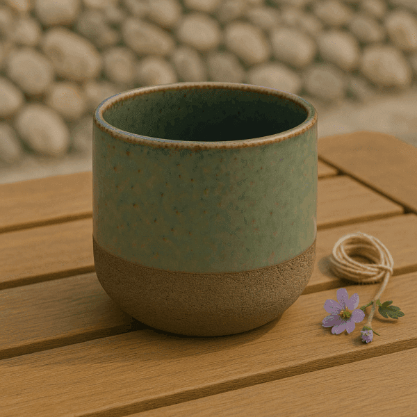 Χειροποίητο κεραμικό ποτήρι Γαία με γκρι μπλε υάλωση και φυσική βάση σε ξύλινο τραπέζι