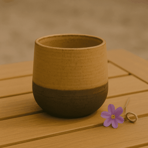 Χειροποίητο κεραμικό ποτήρι Ήλιος σε ξύλινο τραπέζι με φυσικό φωτισμό