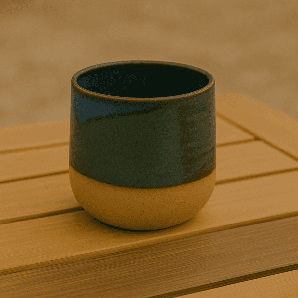 Κεραμικό ποτήρι Mare με βαθύ μπλε υάλωμα και αμμώδη βάση σε ξύλινη επιφάνεια