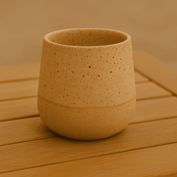 Χειροποίητο κεραμικό ποτήρι Άμμος σε φυσικό μπεζ χρώμα με στίξη πάνω σε ξύλινο τραπέζι