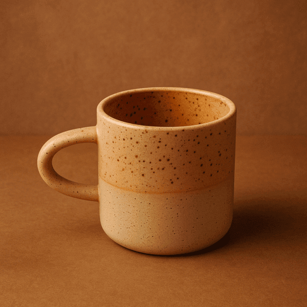 Χειροποίητη κεραμική κούπα με ίσιο σχήμα, κυκλικό χερούλι και πουά υφή σε μπεζ και καραμελέ χρώμα