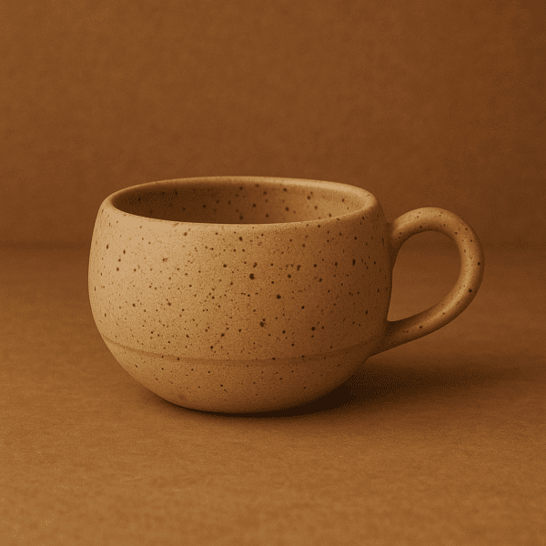 Χειροποίητη κεραμική κούπα με στρογγυλή φόρμα και πουά υφή σε μπεζ χρώμα πάνω σε καφέ φόντο