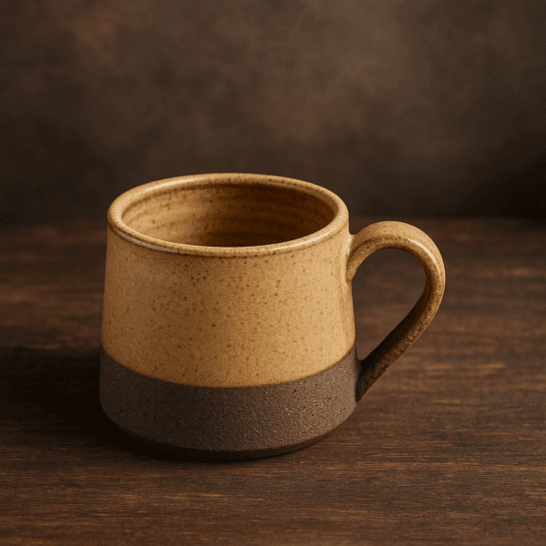 Χειροποίητη κεραμική κωνική κούπα σε μπεζ και καφέ χρώμα με rustic υφή