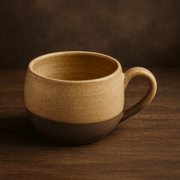 Χειροποίητη κεραμική κούπα βαρελάκι με μπεζ επάνω επιφάνεια και καφέ φυσικό πηλό στη βάση πάνω σε ξύλινο φόντο