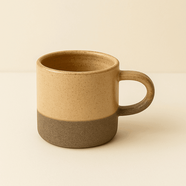 Χειροποίητη κεραμική κούπα με ίσιο σχήμα, κυκλικό χερούλι και φυσική διχρωμία σε μπεζ και καφέ τόνους πάνω σε ανοιχτό φόντο
