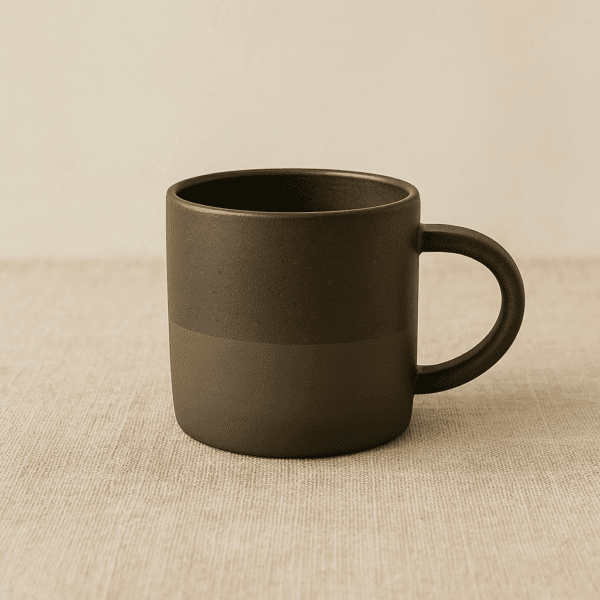 Χειροποίητη κεραμική κούπα με ίσιο κυλινδρικό σχήμα, κυκλικό χερούλι και ματ δίχρωμο φινίρισμα σε αποχρώσεις του μαύρου