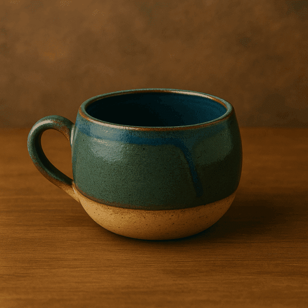 Χειροποίητη κεραμική κούπα βαρελάκι με γυαλιστερό σμάλτο σε μπλε χρώμα και φυσική βάση από πηλό