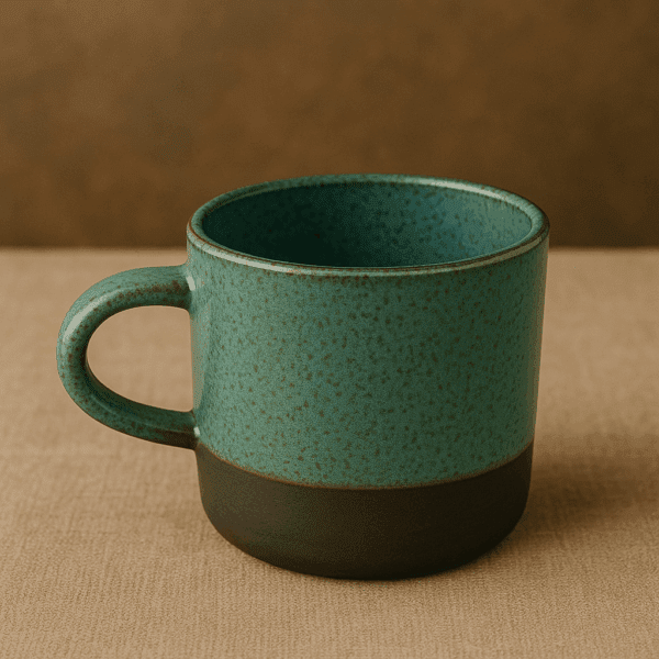 Χειροποίητη κεραμική κούπα με ίσιο κυλινδρικό σχήμα, κυκλικό χερούλι και γυαλιστερό σμάλτο σε απόχρωση μέντας με σκούρα φυσική βάση από πηλό