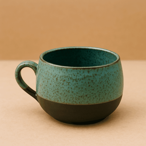 Χειροποίητη κεραμική κούπα βαρελάκι με γυαλιστερό σμάλτο σε τιρκουάζ-μέντα και ματ σκούρα βάση από φυσικό πηλό