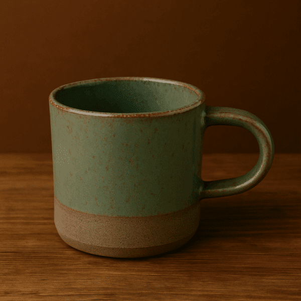 Χειροποίητη κεραμική κούπα με ίσιο κυλινδρικό σχήμα, κυκλικό χερούλι, πράσινο σατινέ σμάλτο και φυσική ματ βάση από ακατέργαστο πηλό