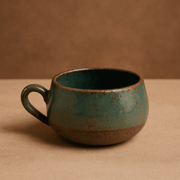 Χειροποίητη κεραμική κούπα βαρελάκι με πράσινο-μπλε γυαλιστερό σμάλτο και φυσική σκούρα βάση από ακατέργαστο πηλό