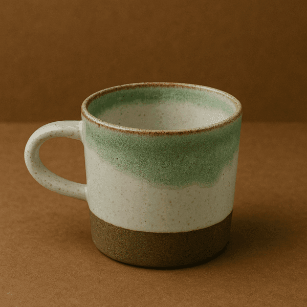 Χειροποίητη κεραμική κούπα με ίσιο κυλινδρικό σχήμα, κυκλικό χερούλι, πράσινο-τυρκουάζ σμάλτο στην κορυφή και φυσική ματ βάση από πηλό