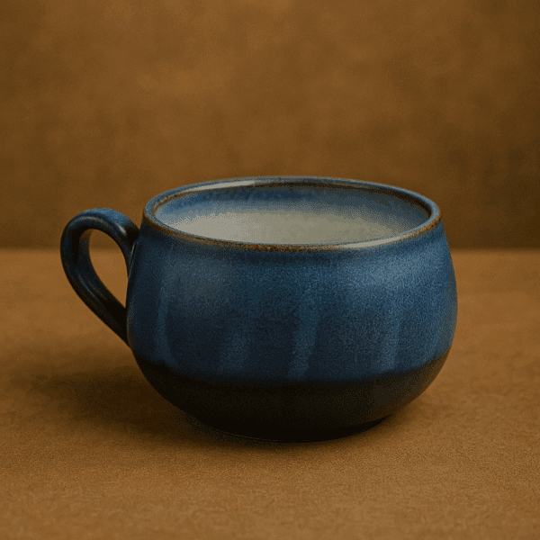 Χειροποίητη κεραμική κούπα βαρελάκι με γυαλιστερό σμάλτο σε βαθύ μπλε και στρογγυλεμένο χερούλι, πάνω σε μαύρο πηλό