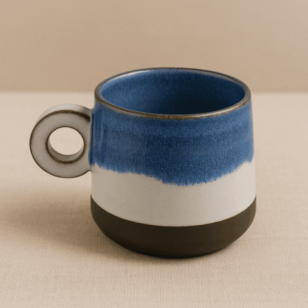 Χειροποίητη μπλε κεραμική κούπα με κυκλικό χερούλι
