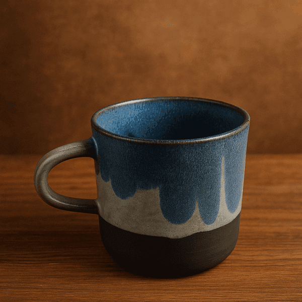 Χειροποίητη κεραμική κούπα με ίσιο κυλινδρικό σχήμα, κυκλικό χερούλι και καλλιτεχνικό μπλε σμάλτο με φυσική σκούρα βάση από μαύρο πηλό
