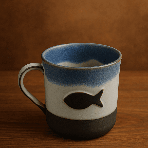 Χειροποίητη κεραμική κούπα με σχέδιο ψαριού στα χρώματα της θαλάσσας