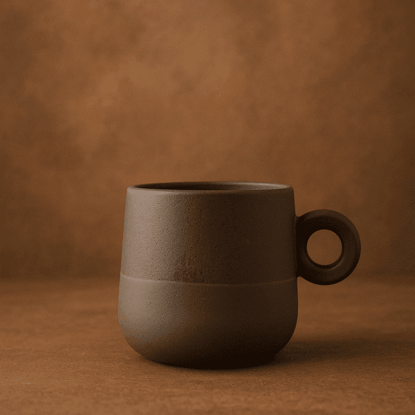 Χειροποίητη κεραμική κούπα με κυκλικό χερούλι σε καφέ μαύρες αποχρώσεις, φυσική ματ υφή