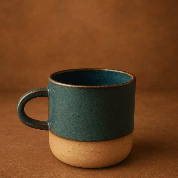 Χειροποίητη κεραμική κούπα με ίσιο κυλινδρικό σχήμα, μπλε-πράσινο σμάλτο και κυκλικό χερούλι, σε μπεζ πηλό