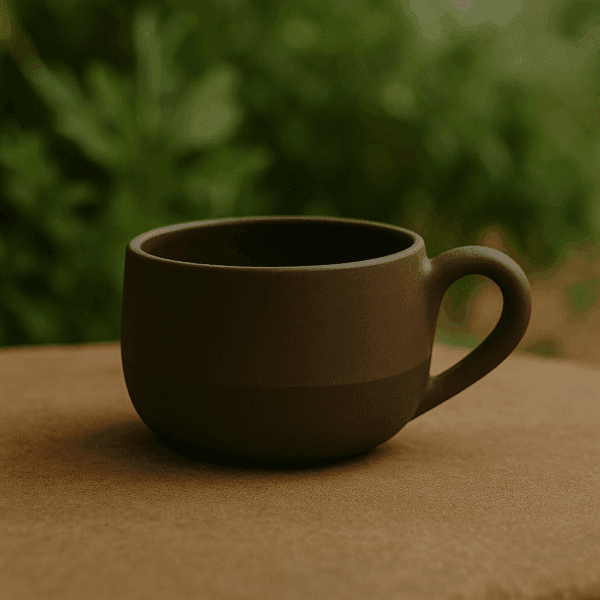 Χειροποίητη κεραμική κούπα βαρελάκι σε αποχρώσεις του μαύρου και καμπυλωτό χερούλι, τοποθετημένη σε φυσικό φόντο