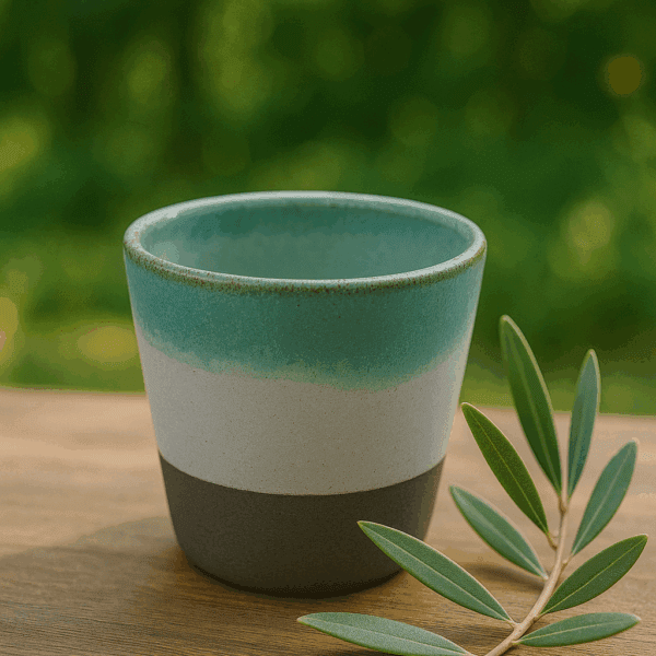 Χειροποίητο κεραμικό ποτήρι Ιόνιο με πράσινη υάλωση και φυσική βάση, τοποθετημένο σε ξύλινη επιφάνεια με φύλλο ελιάς
