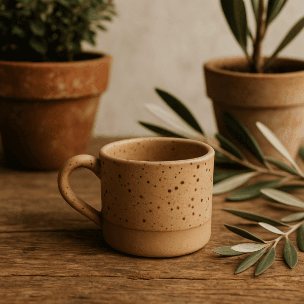 κεραμικό φλιτζάνι με χερούλι σε φυσικό μπεζ τόνο και καφέ πιτσιλιές – rustic φόντο με γλαστράκια και φύλλα ελιάς
