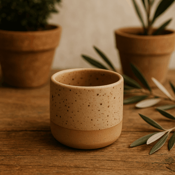 κεραμικό φλιτζάνι χωρίς χερούλι σε φυσικό χρώμα με πιτσιλιές, πάνω σε ξύλινη επιφάνεια με φύλλα ελιάς και γλάστρες στο φόντο