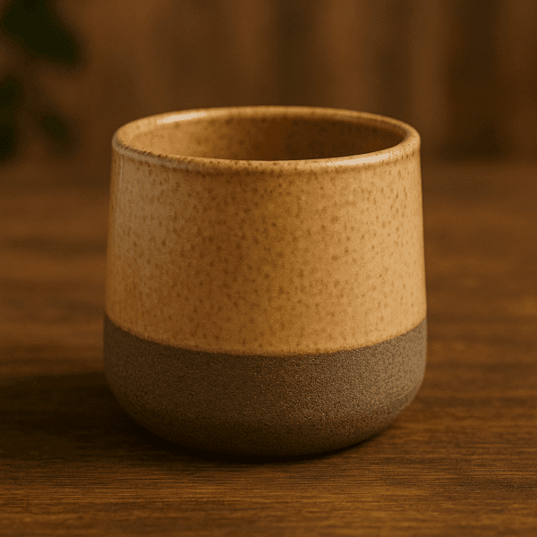 κεραμικό φλιτζάνι χωρίς χερούλι σε χρυσαφί-φυσικό τόνο με stoneware υφή – ιδανικό για espresso