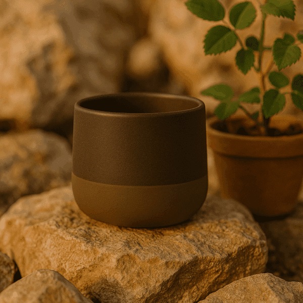 Χειροποίητο κεραμικό φλιτζάνι χωρίς χερούλι σε μαύρο πηλό με ματ υφή, τοποθετημένο σε φυσικό φόντο με πέτρες και φυτό.