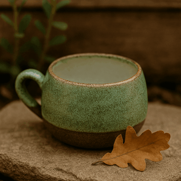 Χειροποίητη κεραμική κούπα βαρελάκι με πράσινο-γαλάζιο γυαλιστερό σμάλτο και φυσική σκούρα βάση από πηλό, τοποθετημένη σε πέτρα με φύλλο δρυός